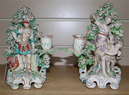 A pair of Derby candlestick figures of Mars and Venus with Cupid, c.1770, restorations